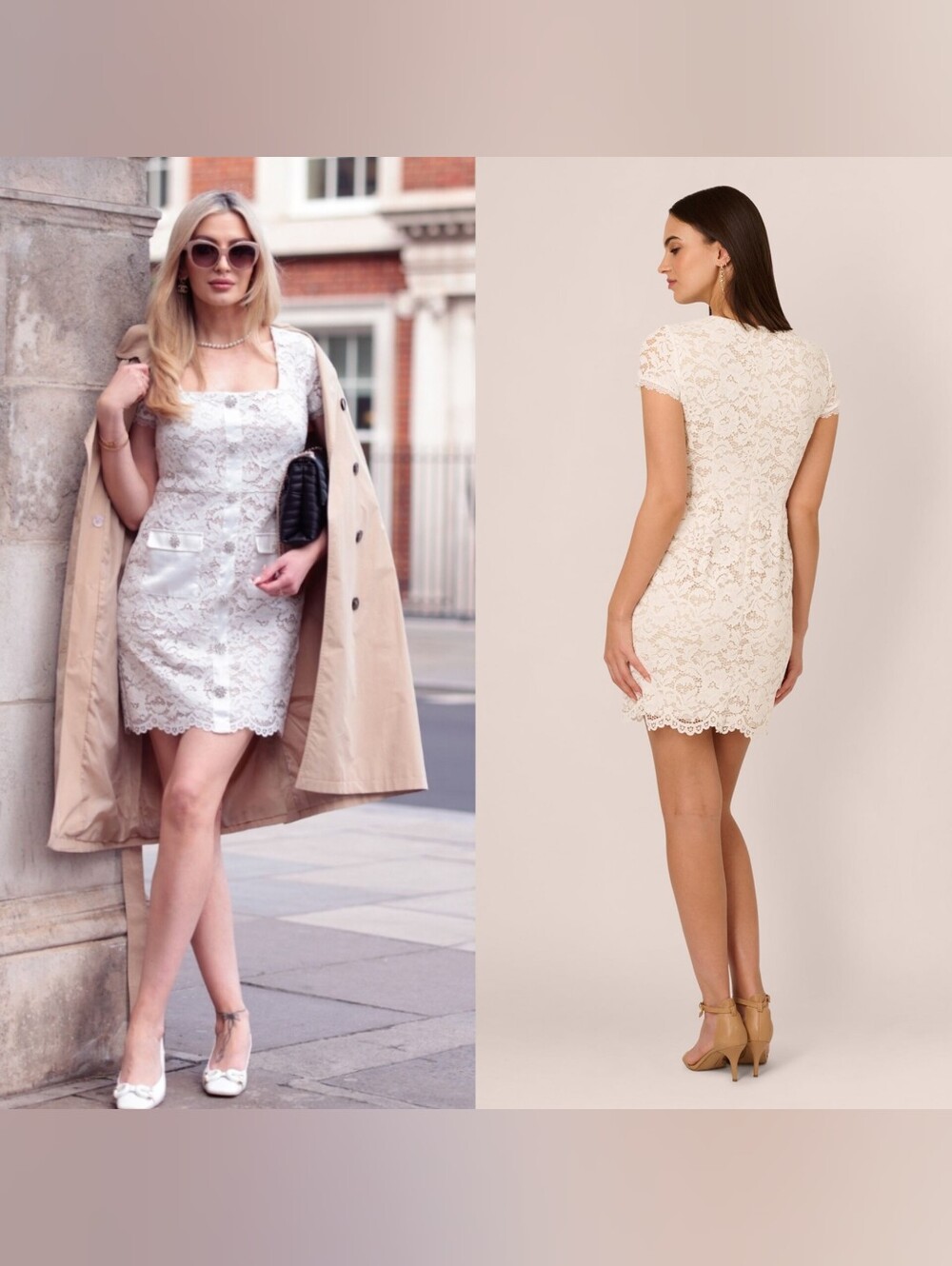 Adrianna Papell Cap Sleeve Rhinestone Button Lace Short Dress In Ivory 14 Party